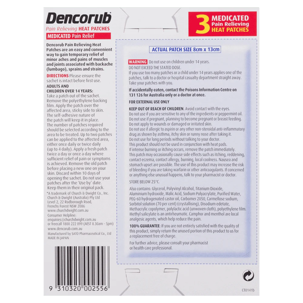 Dencorub Pain Relieving Heat Patches 3 Pack