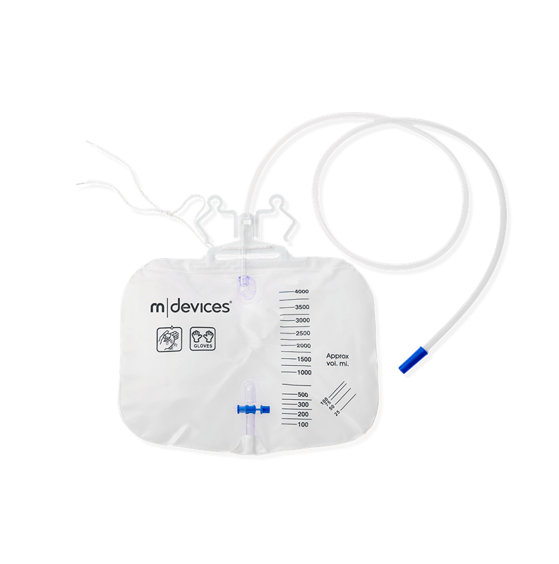 Urine Bag T-Tap Non-Return Valve 4000mL with 120cm Clear Tubing and Integrated Hanger and Rope