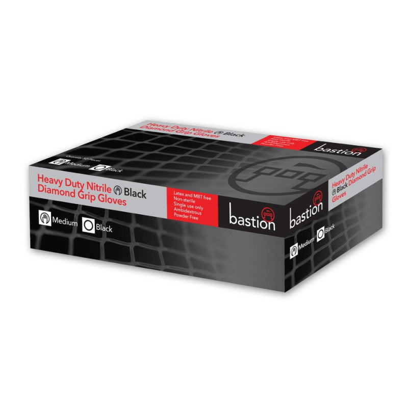 Bastion Heavy Duty Nitrile Diamond Grip Powder Free Gloves - Black