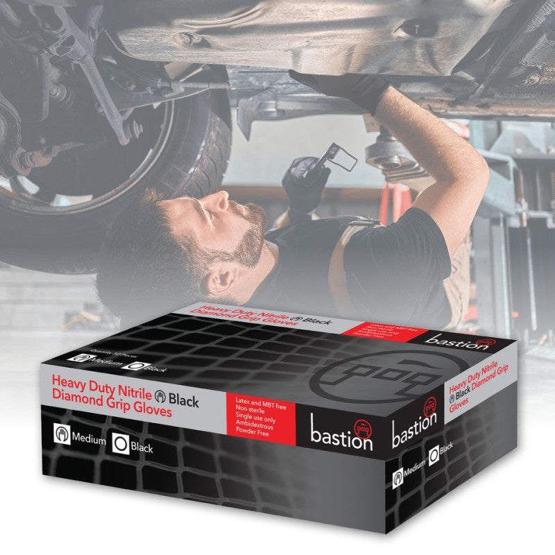 Bastion Heavy Duty Nitrile Diamond Grip Powder Free Gloves - Black