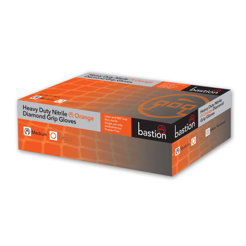 Bastion Heavy Duty Nitrile Diamond Grip Powder Free Gloves - Orange