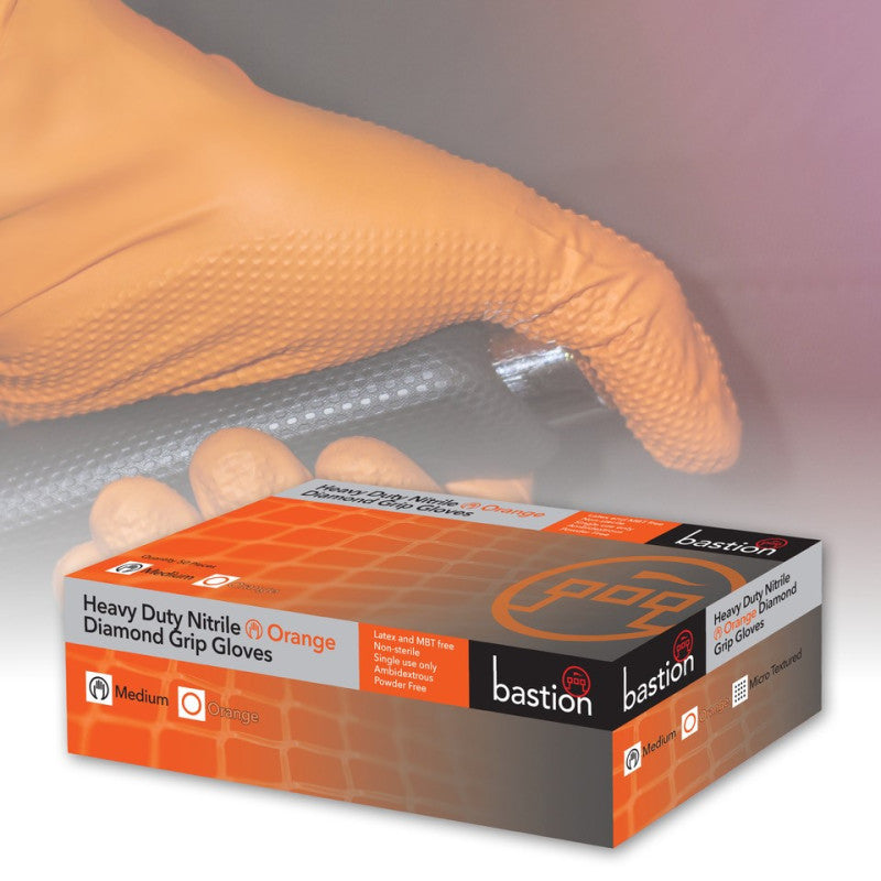 Bastion Heavy Duty Nitrile Diamond Grip Powder Free Gloves - Orange