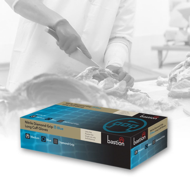 Bastion Nitrile Diamond Grip 300mm Long Cuff Powder Free Gloves - Blue