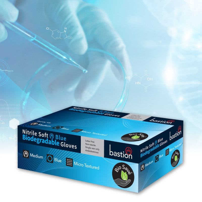Bastion Nitrile Soft Biodegradable Powder Free Finger Micro Textured Gloves - Blue