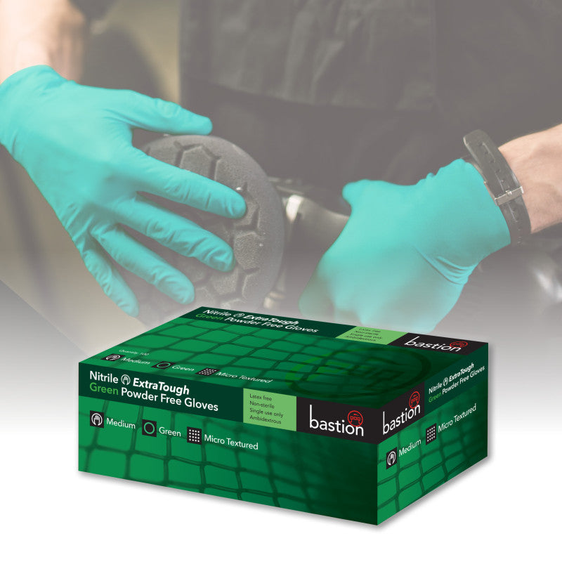 Bastion Nitrile Extra Tough Powder Free Micro Textured Gloves - Green