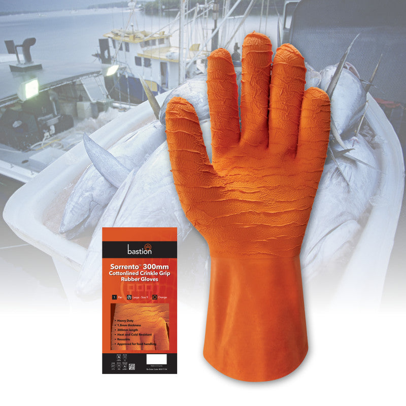 Bastion Sorrento 300mm Cottonlined Rough Grip Rubber Gloves - Orange