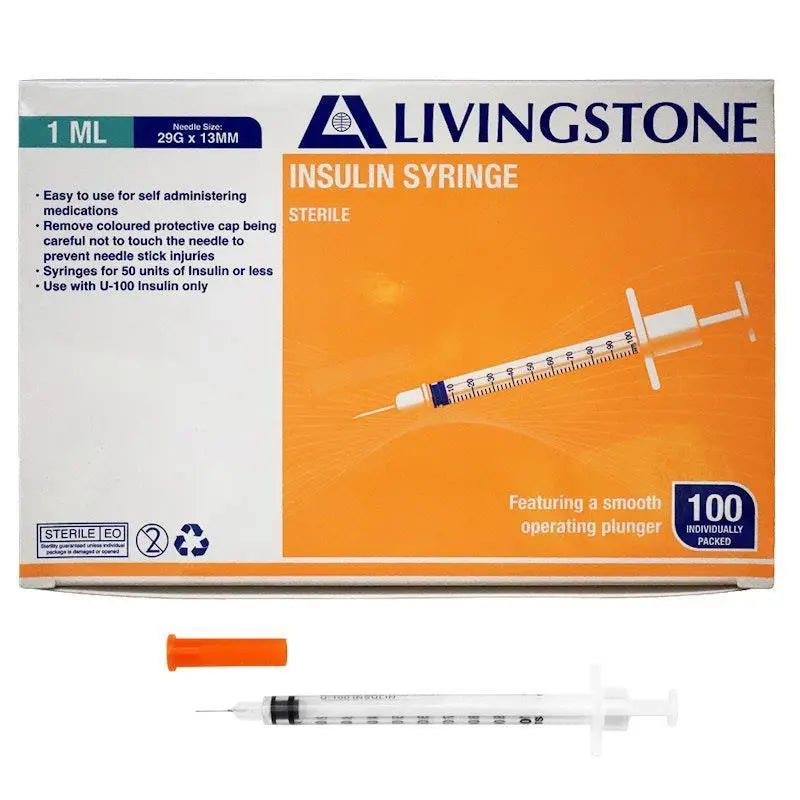 Livingstone Insulin Syringes, 1mL, White Plunger, Fixed Needle, Sterile, 100/Box